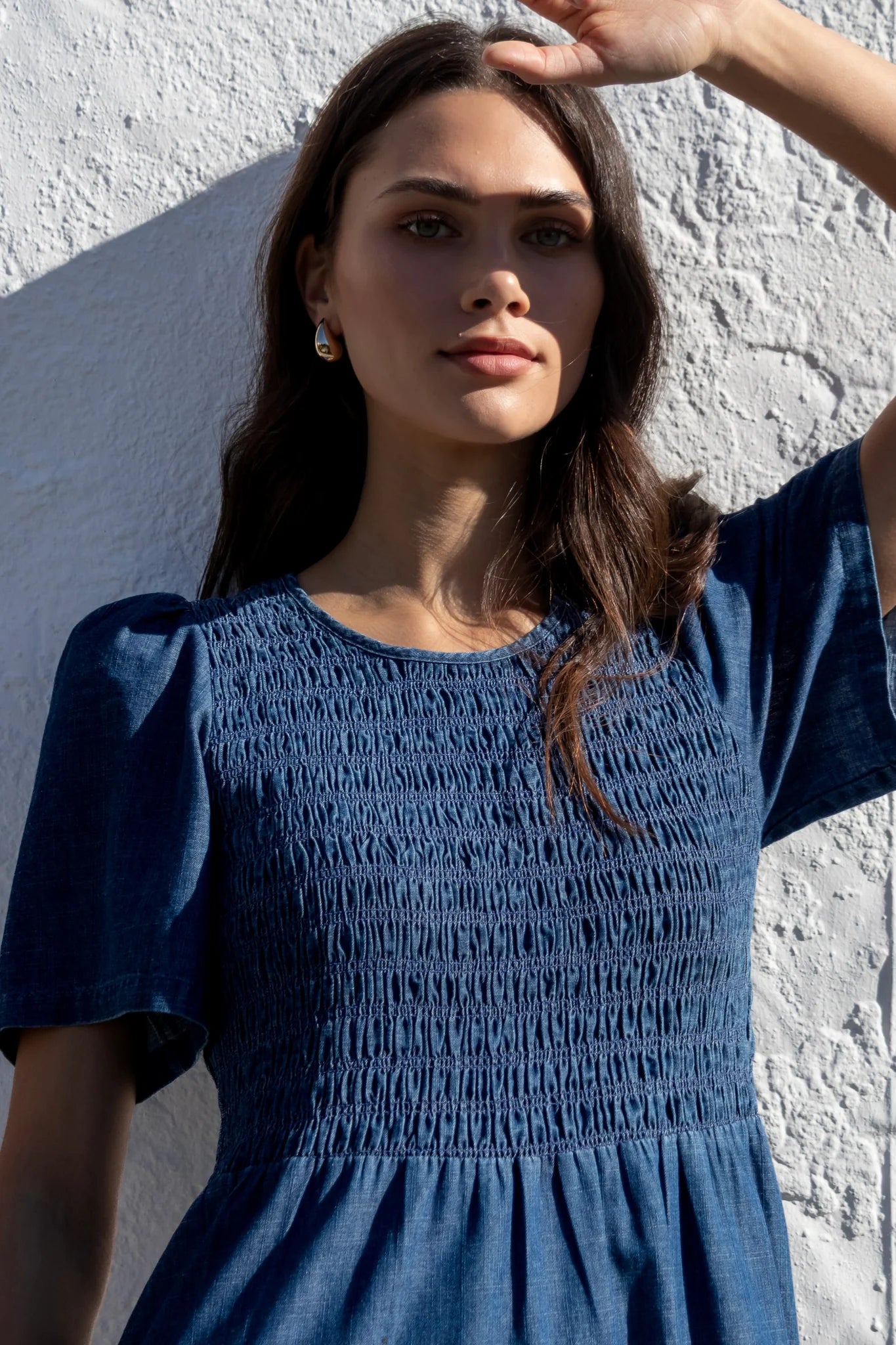 Wren Storm Blue Cotton SS Shirred Bodice Midi Dress