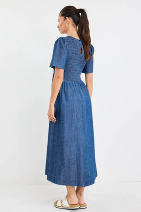 Wren Storm Blue Cotton SS Shirred Bodice Midi Dress