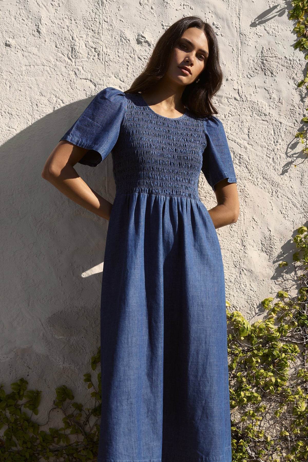 Wren Storm Blue Cotton SS Shirred Bodice Midi Dress