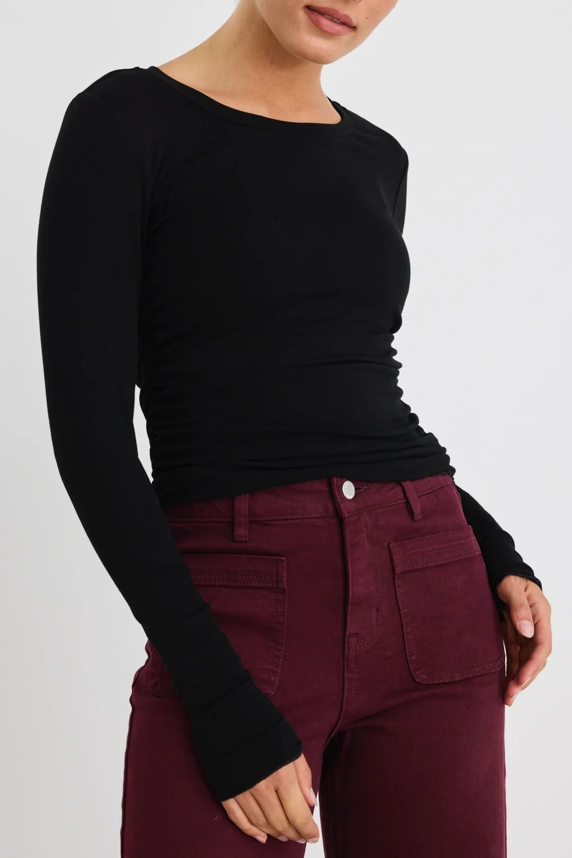 Muster Black Stretch Rouched Side Crew Top