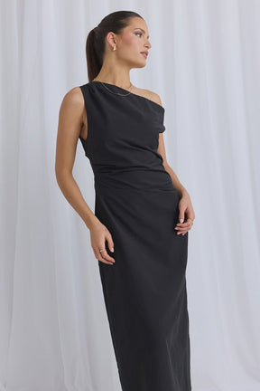 Classified Black Off Shoulder Tuck Midi Dress