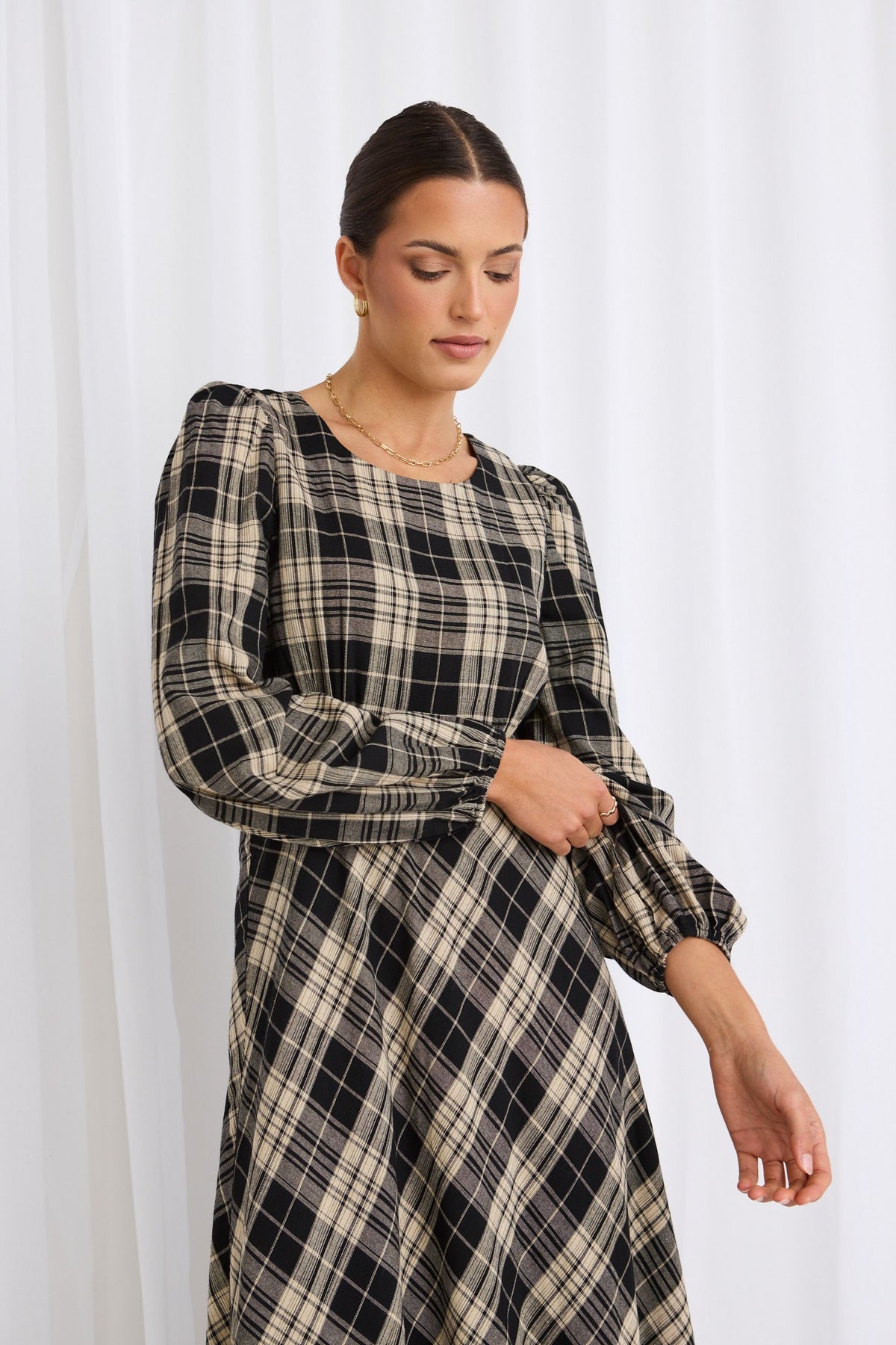 Caspian Black Check LS Bias Maxi Dress