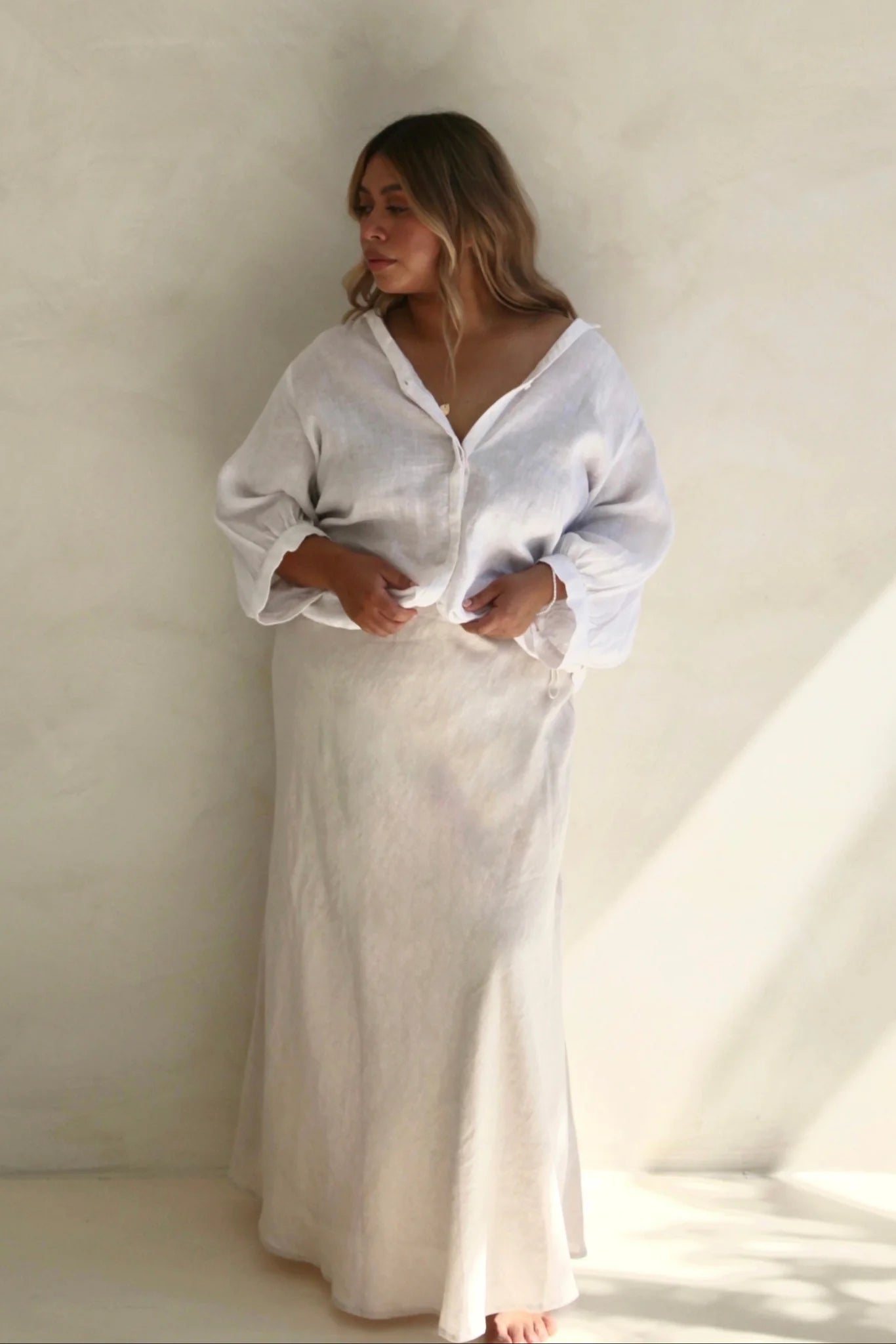 Lagos Natural Linen Blend Bias Maxi Skirt